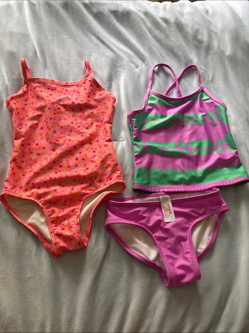 Girls' Bright Pink & Green Swim Set - Floral One-Piece + Tankini Bottoms